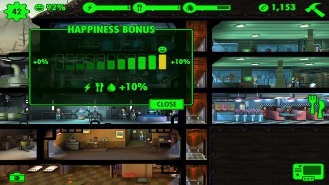 Utrzymywanie wysokiego poziomu zadowolenia premiowane jest dodatkowym bonusem do produkcji. - Porady ogólne | Podstawy rozgrywki w Fallout Shelter - Fallout Shelter - poradnik do gry