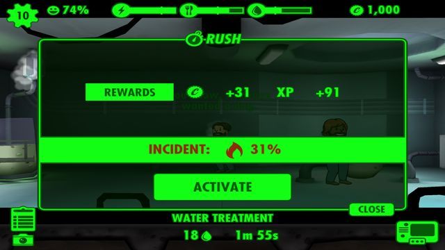 Korzystanie z opcji Rush jest jak najbardziej potrzebne, zwracaj jednak uwagę na jak najniższą możliwość wypadku. - Pierwsze kroki | Podstawy rozgrywki w Fallout Shelter - Fallout Shelter - poradnik do gry