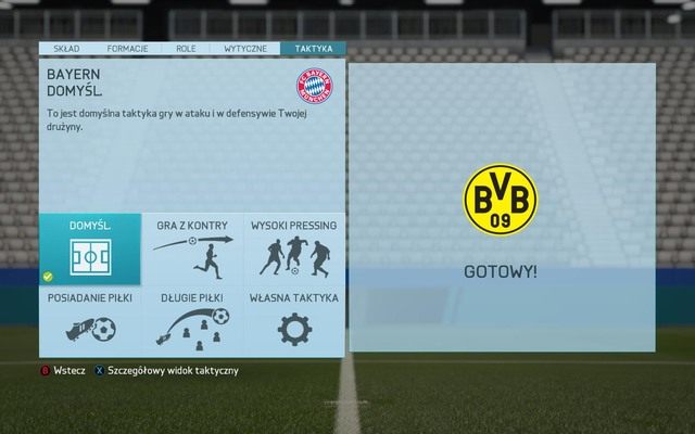 Panel taktyki pozwala nam na wybranie jednego z pięciu predefiniowanych zestawów ustawień dotyczących gry naszego zespołu - Taktyka | Zarządzanie składem w FIFA 16 - FIFA 16 - poradnik do gry