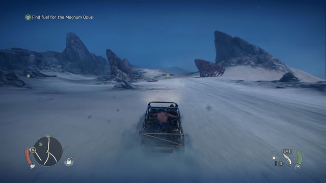 Zbadaj dwa zaznaczone na mapie obozowiska - w tym z prawej strony znajdziesz wrogów oraz poszukiwane paliwo. - Magnum Opus | Opis przejścia Mad Max - Mad Max - poradnik do gry