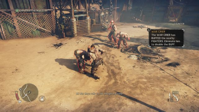 Przeciwnicy otoczeni czerwoną obwódką sa pod wpływem pieśni bojowej i zadają większe obrażenia. - Sprawiedliwa praca | Opis przejścia Mad Max - Mad Max - poradnik do gry