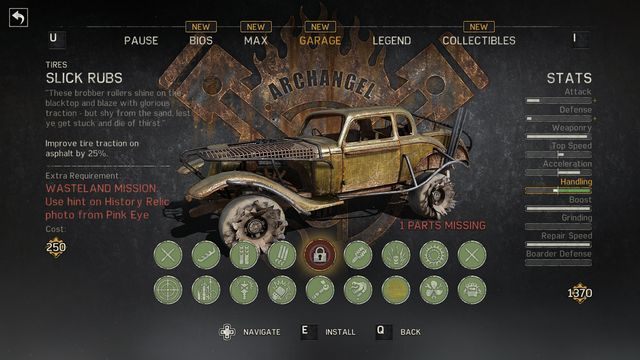 Menu tworzenia Archanioła pokazuje brakujące części. - Pojazdy i Archaniołowie | Przedmioty kolekcjonerskie w Mad Max - Mad Max - poradnik do gry