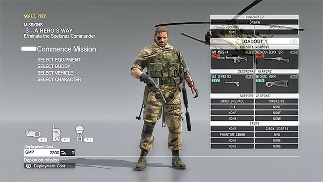 Ekran przygotowań do misji - Przygotowywanie się do zadań | Zaliczanie misji w MGS V The Phantom Pain - Metal Gear Solid V: The Phantom Pain - poradnik do gry