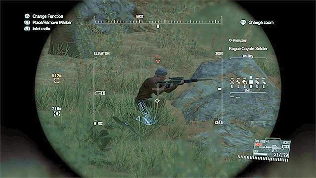 Jeden ze snajperów z okolic posterunku numer 13 - Dotarcie w pobliże kopalni | Misja 18 - Blood Runs Deep | Solucja MGS V - Metal Gear Solid V: The Phantom Pain - poradnik do gry