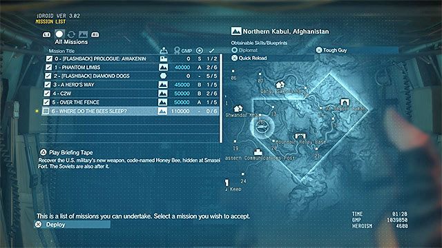 Po wyświetleniu listy misji możesz sprawdzić zdobyte w nich rangi oraz zaliczone cele - Powtarzanie ukończonych zadań | Zaliczanie misji w Metal Gear Solid V - Metal Gear Solid V: The Phantom Pain - poradnik do gry