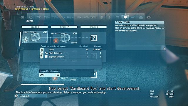Karton możesz odblokować dopiero gdy zespół badawczo-rozwojowy awansuje na wyższy poziom - Ukończenie podstawowego treningu w Bazie Matce | Misja 2 - Diamond Dogs - Metal Gear Solid V: The Phantom Pain - poradnik do gry