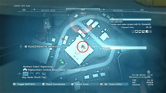 Plan (BAMBETOV SV) znajduje się w jednym z hangarów w centralnej części bazy Afghanistan Central Base Camp - miejsce to zaznaczone zostało na powyższym obrazku - Pozostałe opcjonalne cele w misji Hellbound | Misja 12 - Hellbound - Metal Gear Solid V: The Phantom Pain - poradnik do gry