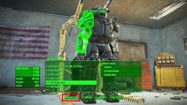 Modyfikację danej części rozpoczniesz po wciśnięciu przycisku akcji - Fallout 4: Crafting pancerza wspomaganego - Fallout 4 - poradnik do gry