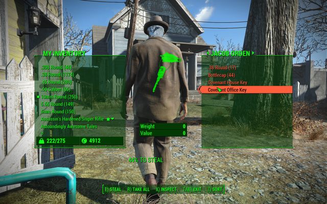 Przykładowy ekran przeszukiwania zawartości podczas kradzieży - Skradanie i kradzież kieszonkowa w Fallout 4 | Ważne umiejętności - Fallout 4 - poradnik do gry