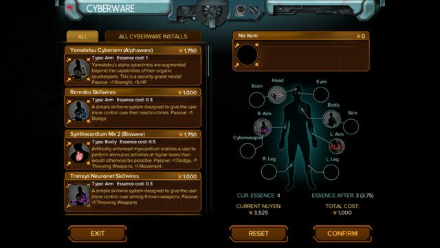 Okno zakupu i podglądu obecnego Cyberware - Co to jest Cyberware? | Często zadawane pytania | Shadowrun Hong Kong - Shadowrun: Hong Kong - poradnik do gry