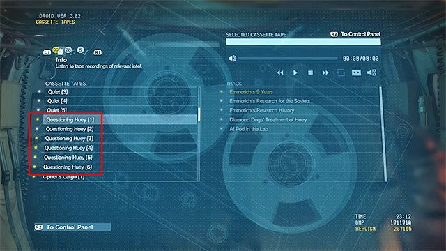 Następne wymaganie dotyczy konieczności wysłuchania wszystkich nagrań z kategorii Questioning Huey - Opisy misji (Side-Ops) 141-150 | Poboczne misje | Solucja Metal Gear Solid V - Metal Gear Solid V: The Phantom Pain - poradnik do gry