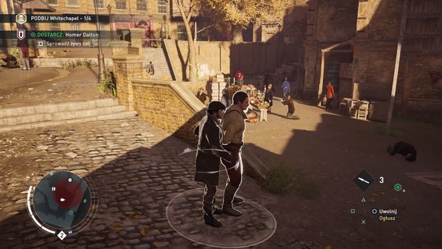 Podświetlony krąg odpowiada za obszar ukrycia - jeżeli przeciwnik znajduje się poza nim możesz bezpiecznie przejść obok. - Misje podboju | Gangi w Assassins Creed Syndicate - Assassins Creed: Syndicate - poradnik do gry