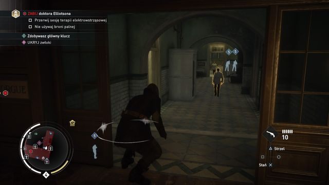 Korytarz prowadzący do kostnicy. Dwóch zaznaczonych przeciwników związanych jest z celem opcjonalnym. - 05 - Śmiertelna dawka | Solucja Assassins Creed Syndicate - Assassins Creed: Syndicate - poradnik do gry