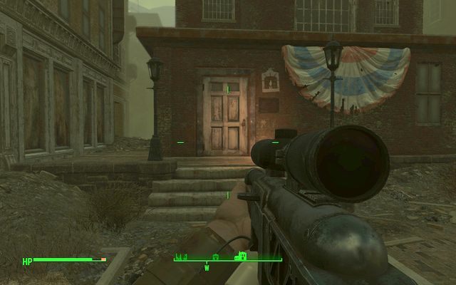 Wejście do kościoła - biała latarnia namalowana na ścianie jest jednym ze znaków frakcji - Poziom molekularny - początek zadania | Główny wątek fabularny Fallout 4 - Fallout 4 - poradnik do gry