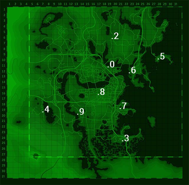 Powyższa mapa prezentuje miejsca na mapie świata, które musisz odwiedzić w poszukiwaniu dziewięciu pozostałych holotaśm Eddiego Wintera (taśmę numer 1 Nick Valentine przekazał bohaterowi na samym początku questu) - Najwyższy czas - Nick Valentine | Zadania towarzyszy | Solucja Fallout 4 - Fallout 4 - poradnik do gry