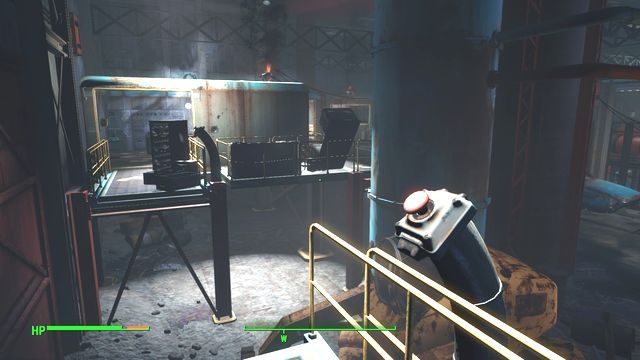 Naciśnięcie czerwonego przycisku spowoduje wysunięcie się platformy, po której przejdziesz. - Fabryka Samochodów Corvega | Cambridge - Sektor 5 | Mapy Fallout 4 - Fallout 4 - poradnik do gry
