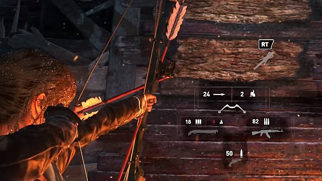 Lara korzysta z szerokich strzał automatycznie, po wycelowaniu w specjalna powierzchnię - Rise of the Tomb Raider: Podążaj za helikopterem Trójcy | Ratunek - Rise of the Tomb Raider - poradnik do gry