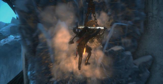 Wskocz na kosz, a zbije on grubą warstwę lodu zakrywającą przejście - Rise of the Tomb Raider: Znajdź sposób, aby zniszczyć bramę | Wyważanie bramy - Rise of the Tomb Raider - poradnik do gry