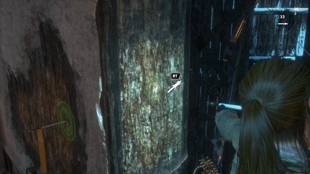 Po przeskoczeniu wbij kolejne strzały w część widoczną na obrazku i przeskocz na nie - Rise of the Tomb Raider: Wejdź na wieżę | Nie ma przejścia - Rise of the Tomb Raider - poradnik do gry