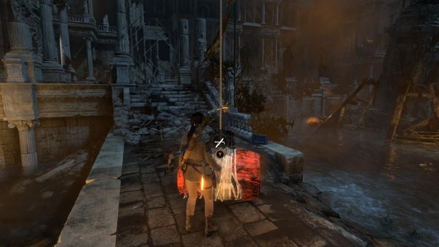Przejdź na drugą stronę basenu i przetnij sznur, na którym wisi beczka - Rise of the Tomb Raider: Znajdź sposób, aby uciec z Atlasem | Przypływ - Rise of the Tomb Raider - poradnik do gry