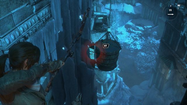 Przejdź ponownie na drugą stronę połączonych wież i strzel w zawór zbiornika obserwując jak ramię równoważni prostuje się - Rise of the Tomb Raider: Idź do drugiego trebusza | Wyważanie bramy - Rise of the Tomb Raider - poradnik do gry