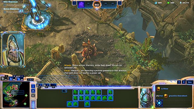 Po aktywowaniu trzeciego power cell (ogniwo zasilające) w pobliżu [P1] oraz [P2] pojawią się cztery nydus worms (czerwie nydusowe) wypuszczające z siebie jednostki zergów - Misja 3 - Włócznia Aduna | Kampania - Dziedzictwo Otchłani | Starcraft II - StarCraft II: Legacy of the Void - poradnik do gry
