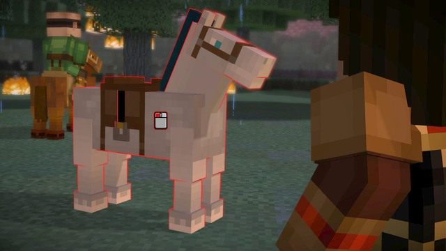 Po krótkiej rozmowie z towarzyszami, wyceluj w przebiegającego tam konia by go dosiąść - Rozdział 1 | Epizod 4 - A Block and a Hard Place | Minecraft Story Mode - Minecraft: Story Mode - poradnik do gry