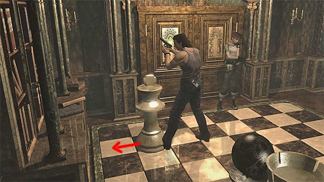 Ustaw się na prawo od figurki króla i przepchnij ją o jedno pole w lewo (powyższy obrazek) - Rozwiązanie zagadki z szachownicą | Ośrodek szkoleniowy Umbrella - Resident Evil Zero HD - poradnik do gry