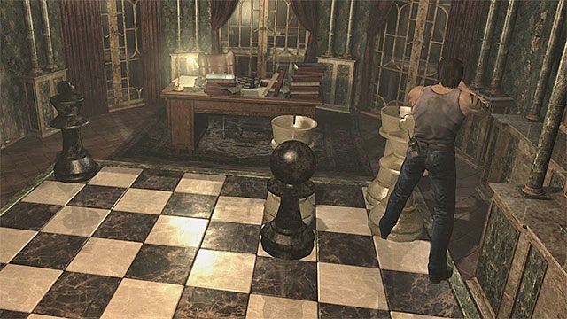 Figurka króla docelowo musi znaleźć się na polu pokazanym na dołączonym obrazku - Rozwiązanie zagadki z szachownicą | Ośrodek szkoleniowy Umbrella - Resident Evil Zero HD - poradnik do gry