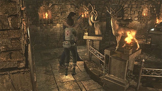 Piątą pochodnię zapal przy posągu węża - Rozwiązanie zagadki z posągami zwierząt | Piwnica ośrodka szkoleniowego - Resident Evil Zero HD - poradnik do gry