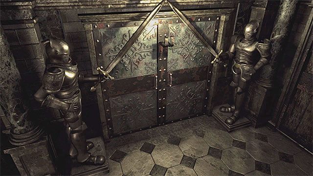 W nagrodę za zaliczenie zagadki odblokowane zostaną drzwi ze zbrojami po bokach - Zagadka w pomieszczeniu konferencyjnym | Ośrodek szkoleniowy Umbrella - Resident Evil Zero HD - poradnik do gry