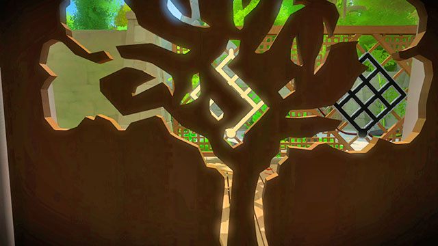 Stań w taki sposób, by mieć przed sobą panel oraz ozdobne drzewo - Kapliczka - Solucja The Witness - The Witness - poradnik do gry