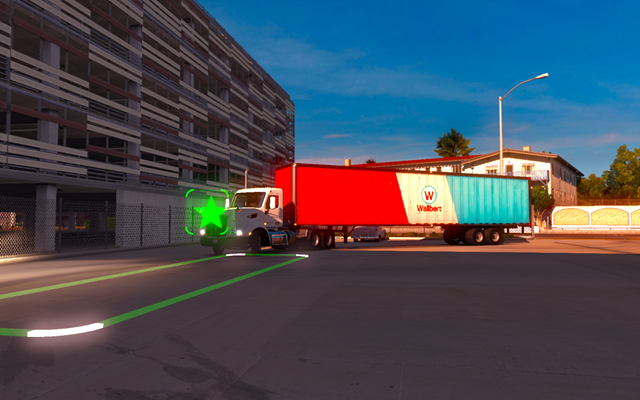 Po wybraniu opcji parkowania przodem dyspozytor wyznacza nam alternatywne miejsce zaparkowania naczepy - Parkowanie naczepy w American Truck Simulator | Przemierzanie Stanów ciężarówką - American Truck Simulator - poradnik do gry