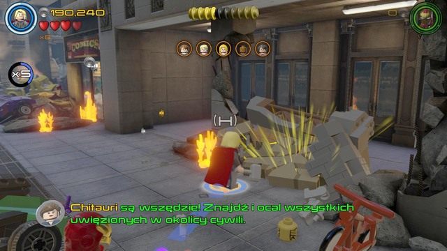 Podczas ratowania cywili przejdź na prawą stronę i skorzystaj z postaci Thora by zniszczyć popękany obiekt z klocków - Postacie | Mściciele do boju - sekrety | LEGO Marvels Avengers - LEGO Marvels Avengers - poradnik do gry