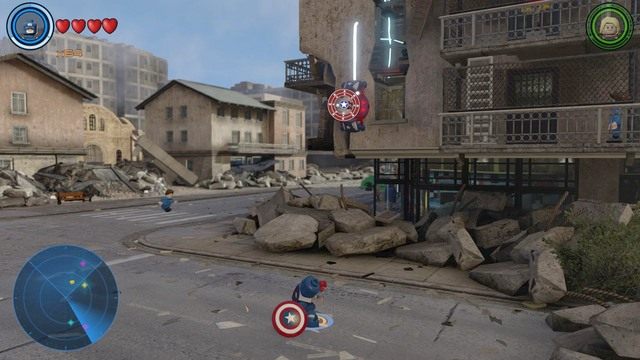 Po dotarciu do miejsca pokazanego na obrazku, przygotuj postacie Visiona i Kapitana Ameryki - Złote klocki | Sokovia - sekrety | LEGO Marvels Avengers - LEGO Marvels Avengers - poradnik do gry
