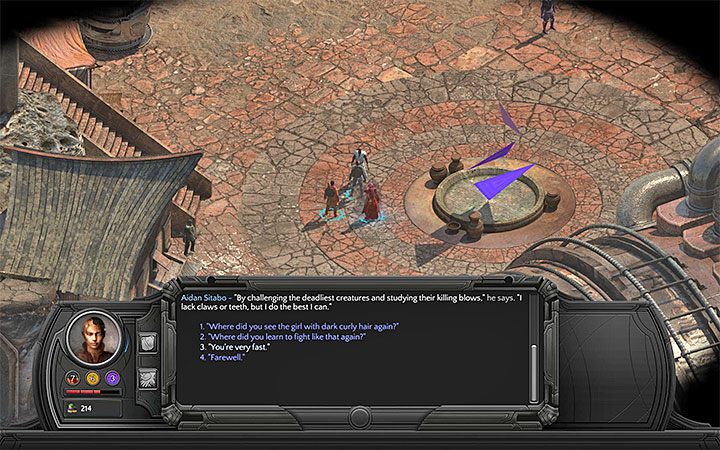 Aidan Sitabo stoi obok nietypowo wyglądającej fontanny - Mapa Skraju Klifu (Cliffs Edge) - M6 | Torment Tides of Numenera - Torment: Tides of Numenera - poradnik do gry