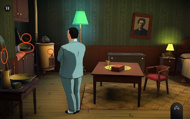 Przejdź do usytuowanych w drugim końcu pomieszczenia szafek kuchennych (trzy spostrzeżenia) - Zbadaj sypialnię pani Ascher - Rozdział pierwszy - Andover - Agatha Christie: The ABC Murders - poradnik do gry