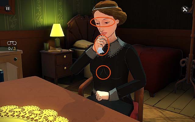 Zwróć uwagę na jej spuszczony wzrok, trzymaną przez nią chusteczkę i skromny czarny strój - Przesłuchaj Mary Drower - Rozdział pierwszy - Andover - Agatha Christie: The ABC Murders - poradnik do gry