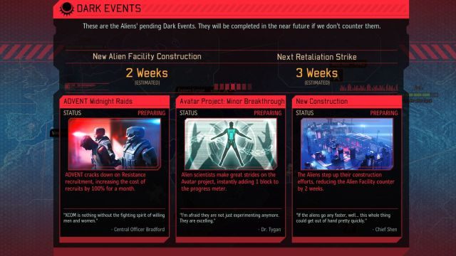 Listę nadchodzących wydarzeń można łatwo podejrzeć klikając na napis pod paskiem postępu Projektu AVATAR. - Dark Events | Kluczowe mechanizmy rozgrywki | XCOM 2 - XCOM 2 - poradnik do gry