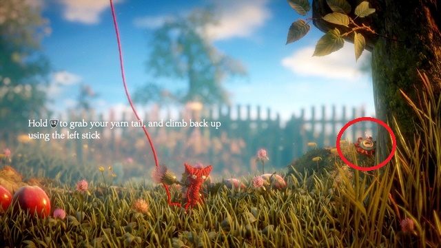 Pierwszy guzik za ostami przy drzewie - Poziom 1 - Thistle and Weeds | Sekrety w Unravel - guziki - Unravel - poradnik do gry