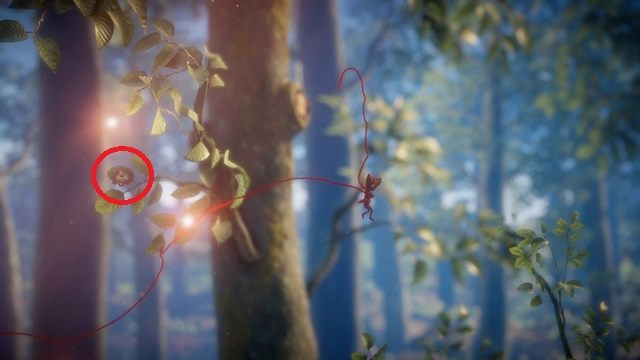 Drugi guzik, na prawo od pniaka - uważaj na zbyt duży rozpęd przy lataniu na kulach - Poziom 11 - Last Leaf | Opis przejścia Unravel - Unravel - poradnik do gry