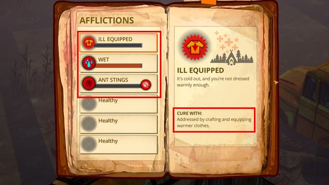 Zakładka Schorzenia dostarcza informacji o rodzaju obrażeń i niedogodności nękających Scout - Interfejs | Podstawowe informacje | The Flame in the Flood - The Flame in the Flood - poradnik do gry