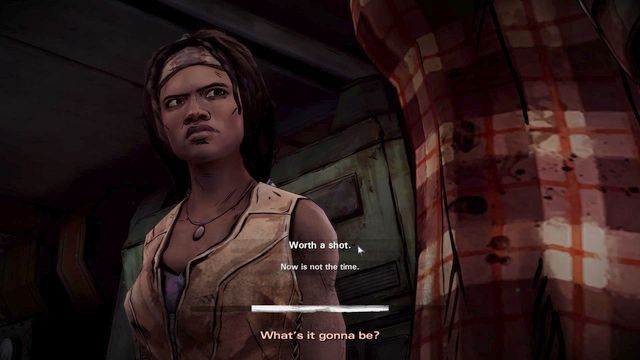 Trzeci wybór odnosi się do sytuacji w rozdziale trzecim - Ważne wybory | Epizod 1 - In Too Deep - The Walking Dead: Michonne - poradnik do gry