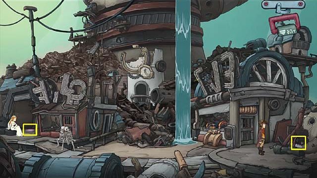 Wróć do centrum i otwórz łomem drzwi garażu Rokko, przy których siedzi Goal - Raz jeszcze wróć do Paradox City we właściwym momencie | Rozdział szósty - Deponia Doomsday - poradnik do gry