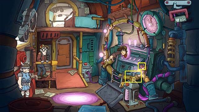 Za pomocą tachionowego klucza spróbuj odkręcić dziwną masywną śrubę z prawej strony maszyny czasu - Wróć we właściwym momencie do Paradox City | Rozdział szósty Deponia Doomsday - Deponia Doomsday - poradnik do gry