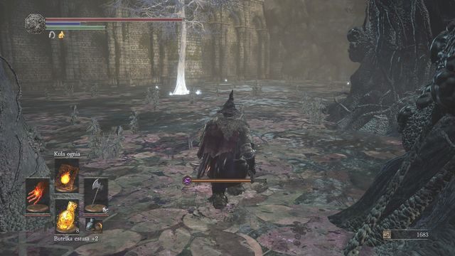 Jeszcze dalej trafisz w końcu do miejsca widocznego na screenie, gdzie rośnie samotnie stojące podświetlone drzewo - Twierdza Farrona | Opis przejścia Dark Souls 3 - Dark Souls III - opis przejścia i sekrety