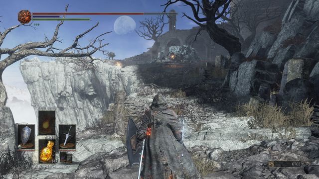 Uważaj na pociski oraz dwóch schowanych z boku przeciwników. - Szczyt Arcysmoków | Opis przejścia Dark Souls 3 - Dark Souls III - opis przejścia i sekrety