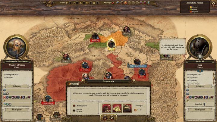 Podarunki pozwalają ci poprawiać relacje z innymi frakcjami. - Kampania - opis przejścia i porady | Wojownicy Chaosu | Total War Warhammer - Total War: Warhammer - poradnik do gry