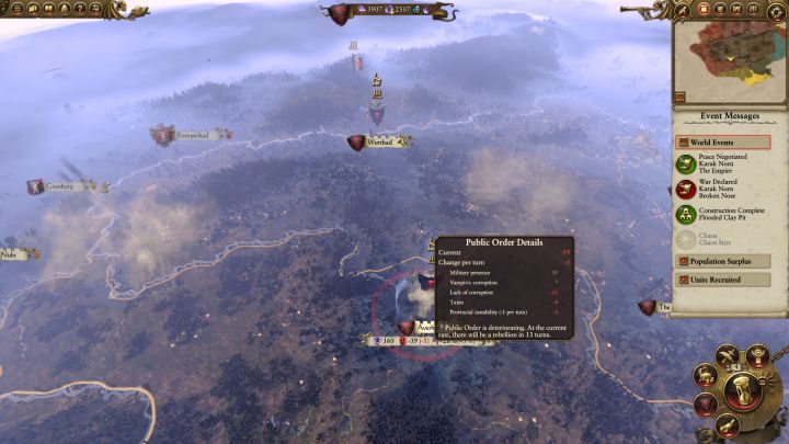 Musisz upewnić sie, iż poziom ładu publicznego w twoich prowincjach się ustabilizował. - Kampania - opis przejścia i porady | Wampiry | Total War Warhammer - Total War: Warhammer - poradnik do gry