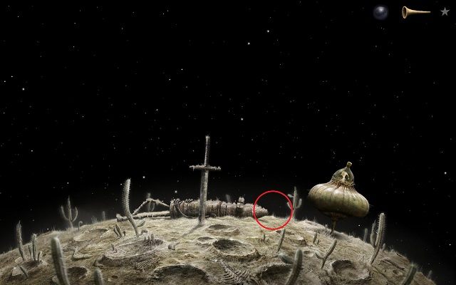 Zejdź na powierzchnię księżyca i przytrzymując LPM na magicznym kamieniu wykonaj ruch myszą, żeby bohater zabrał kamień z czubka głowy herosa - Wróć do domu | Epilog Samorost 3 - Samorost 3 - poradnik do gry